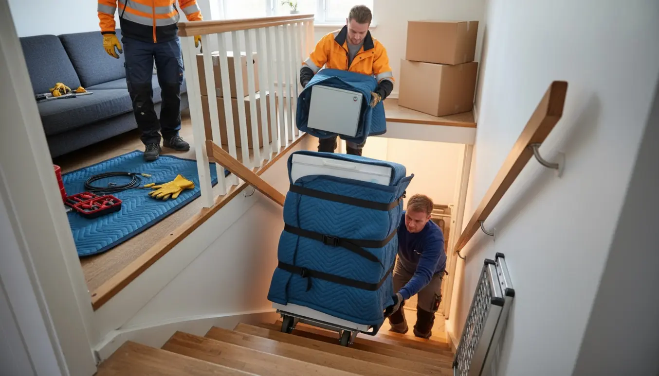 Skabsfryser sænkes ned ad en smal drejende trappe, mens et sikringsskab bæres mod kælderen med værktøj klar.