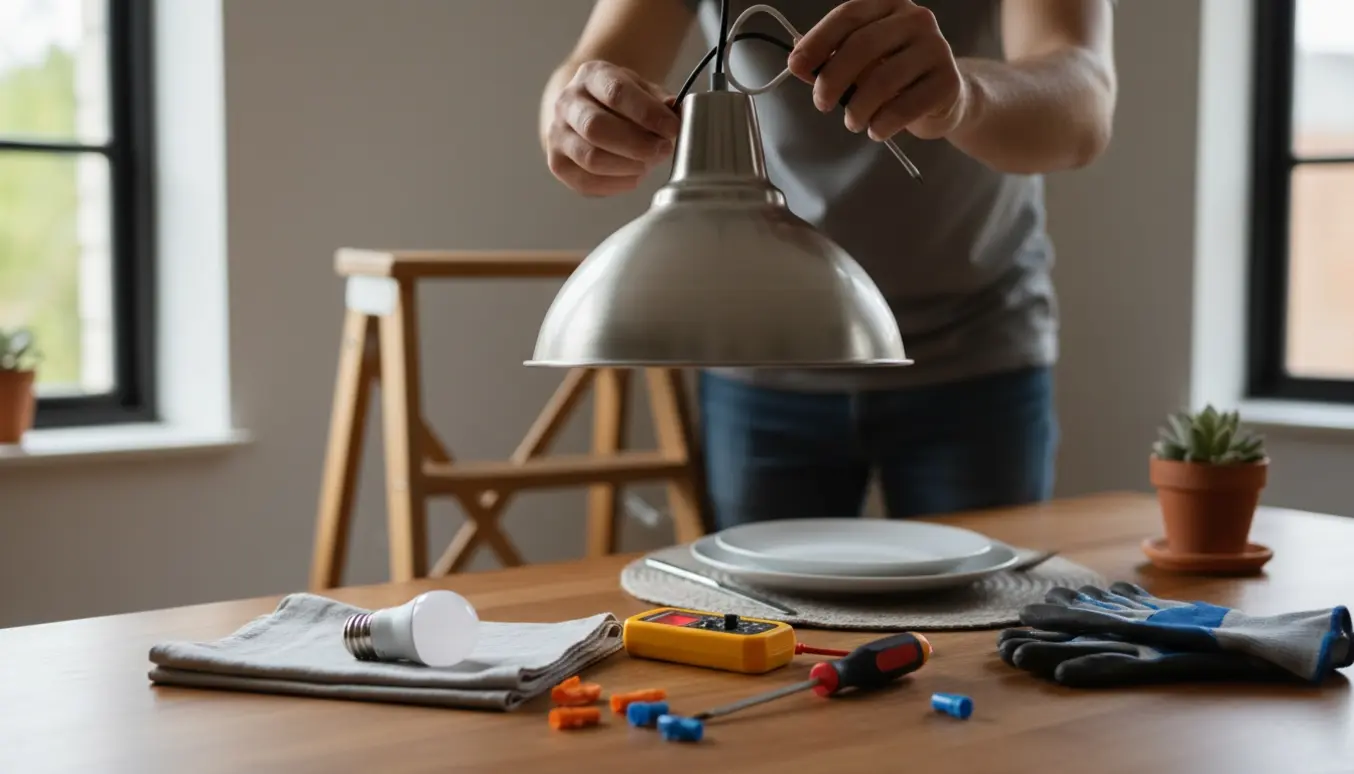 Nærbillede af hænder, der inspicerer en slukket loftlampe over et spisebord med værktøj og en stige.