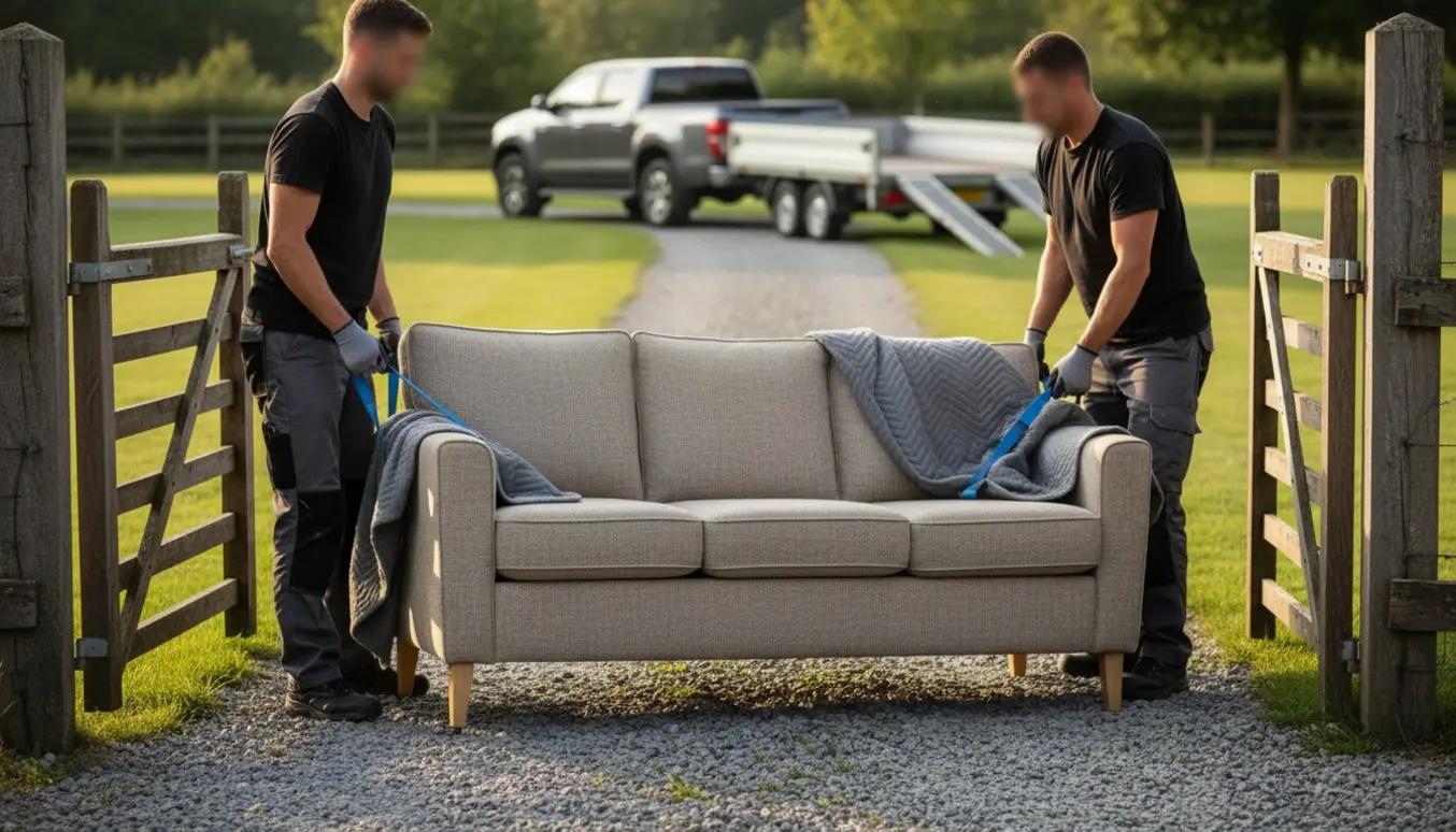 To mænd løfter en trepersoners sofa ved havelågen klar til at blive læsset på en stor trailer.