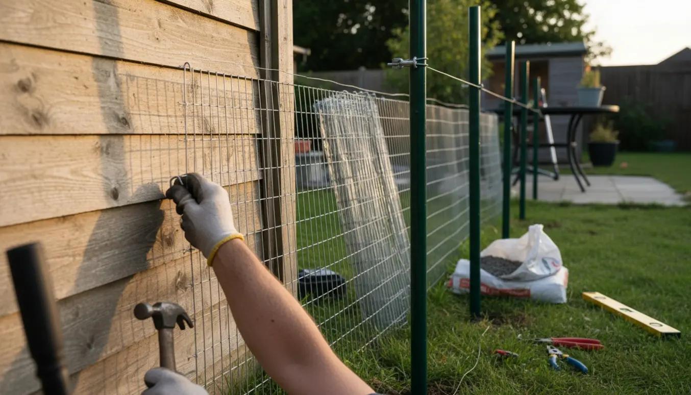 Opsætning af trådhegn mellem et eksisterende træhegn og nye pæle med værktøj og hænder i fokus.