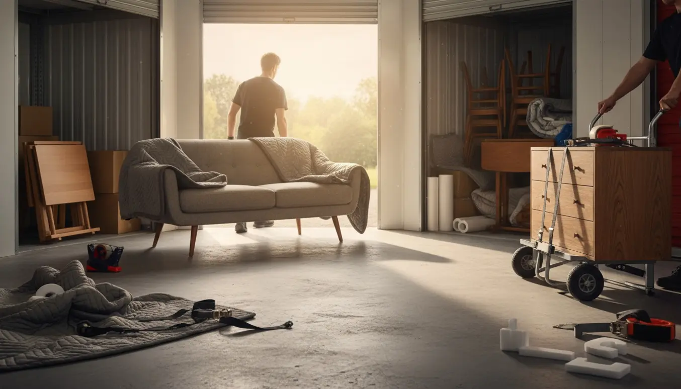 Flyttefolk flytter sofa og kommode mellem to små lagerenheder i en lagerhal i Gladsaxe.