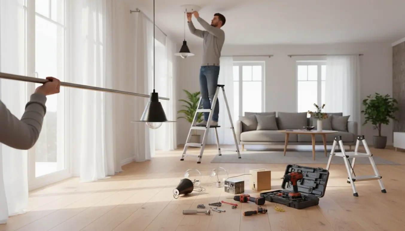 Håndværker på stige monterer loftlampe og gardinstang i lyst, moderne rum med værktøj på gulvet.