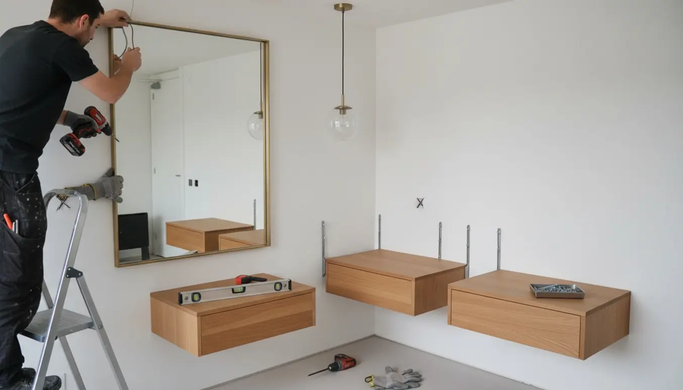 Håndværkere hænger en loftslampe og monterer to sengeborde og et tungt spejl på gipsvæg.