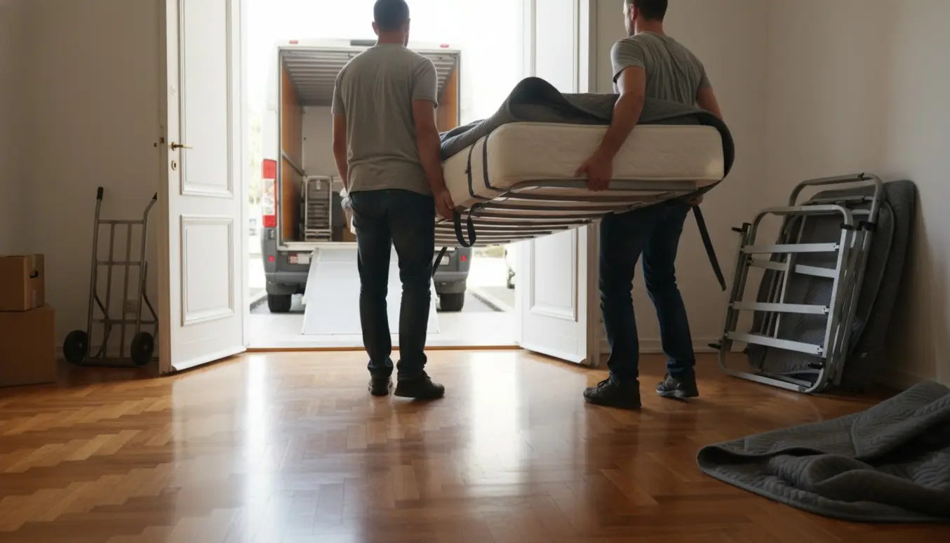 To flyttemænd bærer en seng (140×200) ud af en stueetage-lejlighed mod en ventende flyttebil.