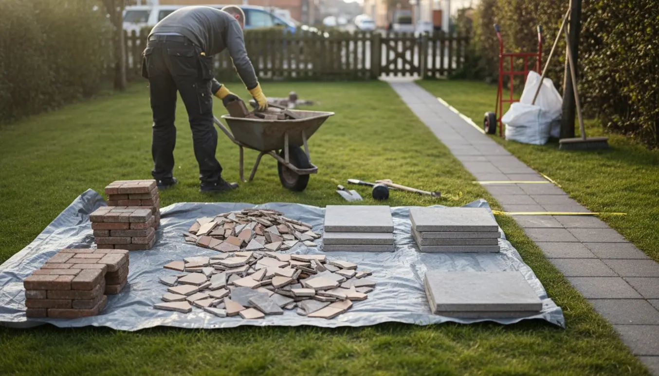 Baghave med bunker af fjernede havefliser, stablede mursten og knækkede fliser ved en trillebør og arbejdsredskaber.