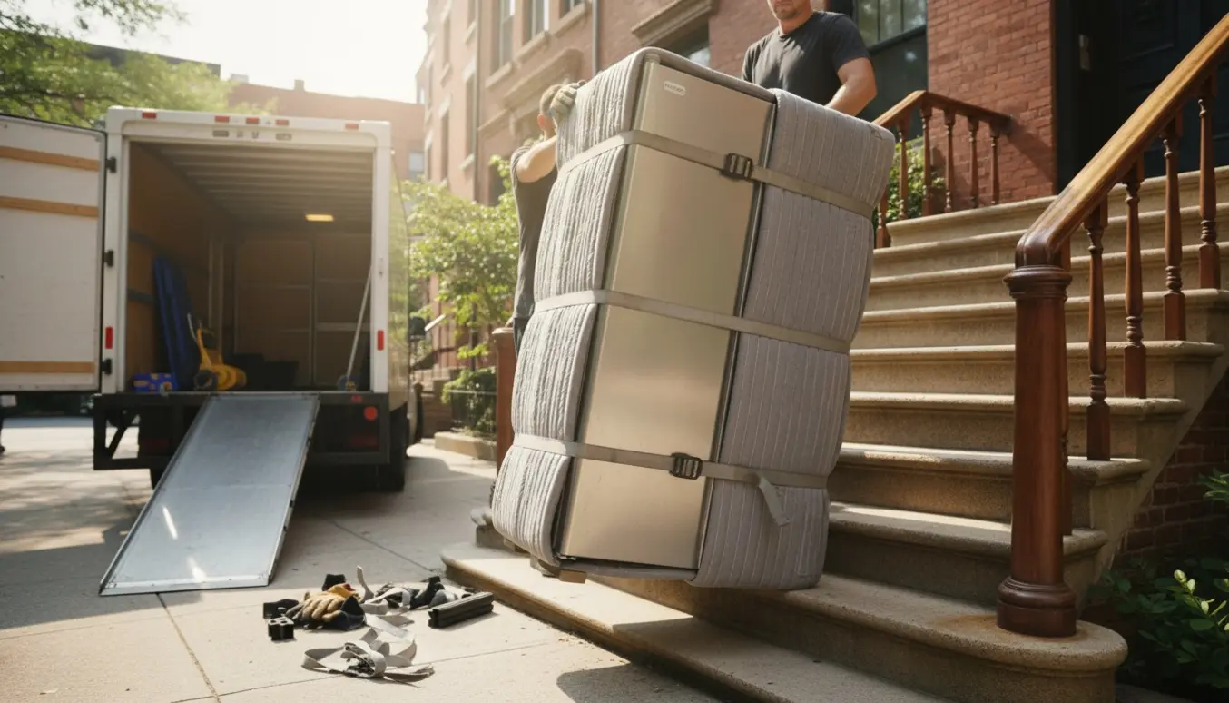 To flyttemænd trækker et stort side-by-side køle/fryseskab op ad en bred udendørs trappe ved en bybolig.