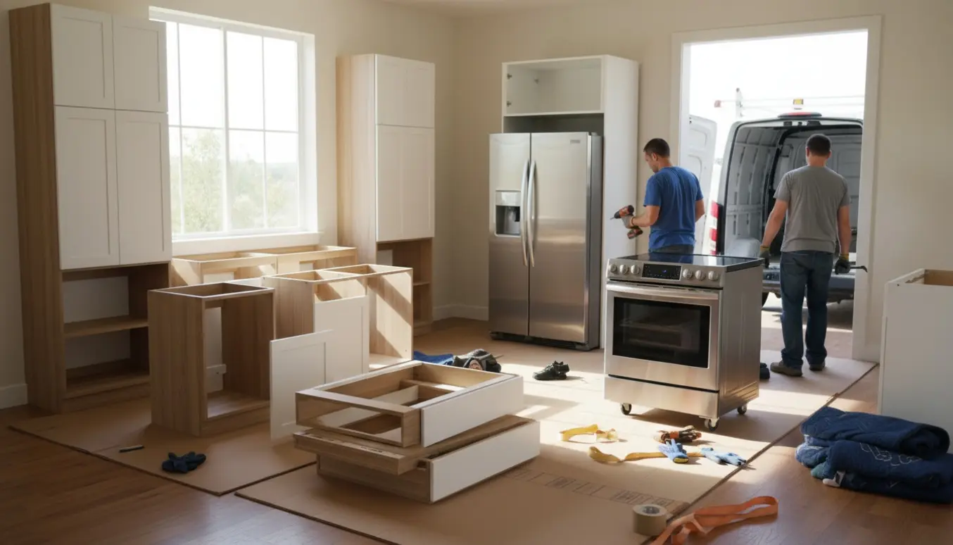 Afmontering og bortkørsel af køkkenskabe og hvidevarer med stabler af skabe og et køleskab på en dolly.
