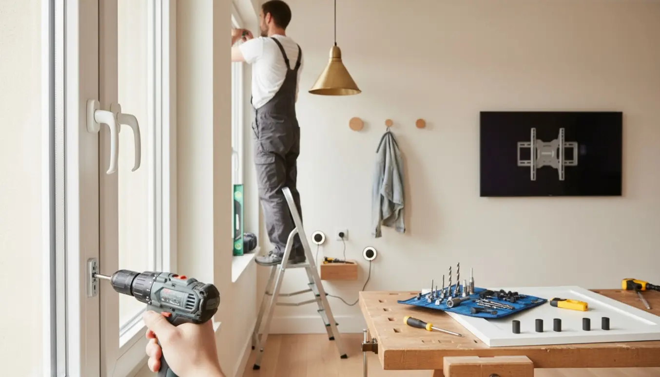 Håndværker uden synligt ansigt monterer lamper, børnesikringer ved vindue, TV-beslag og kroge i et lyst hjem.