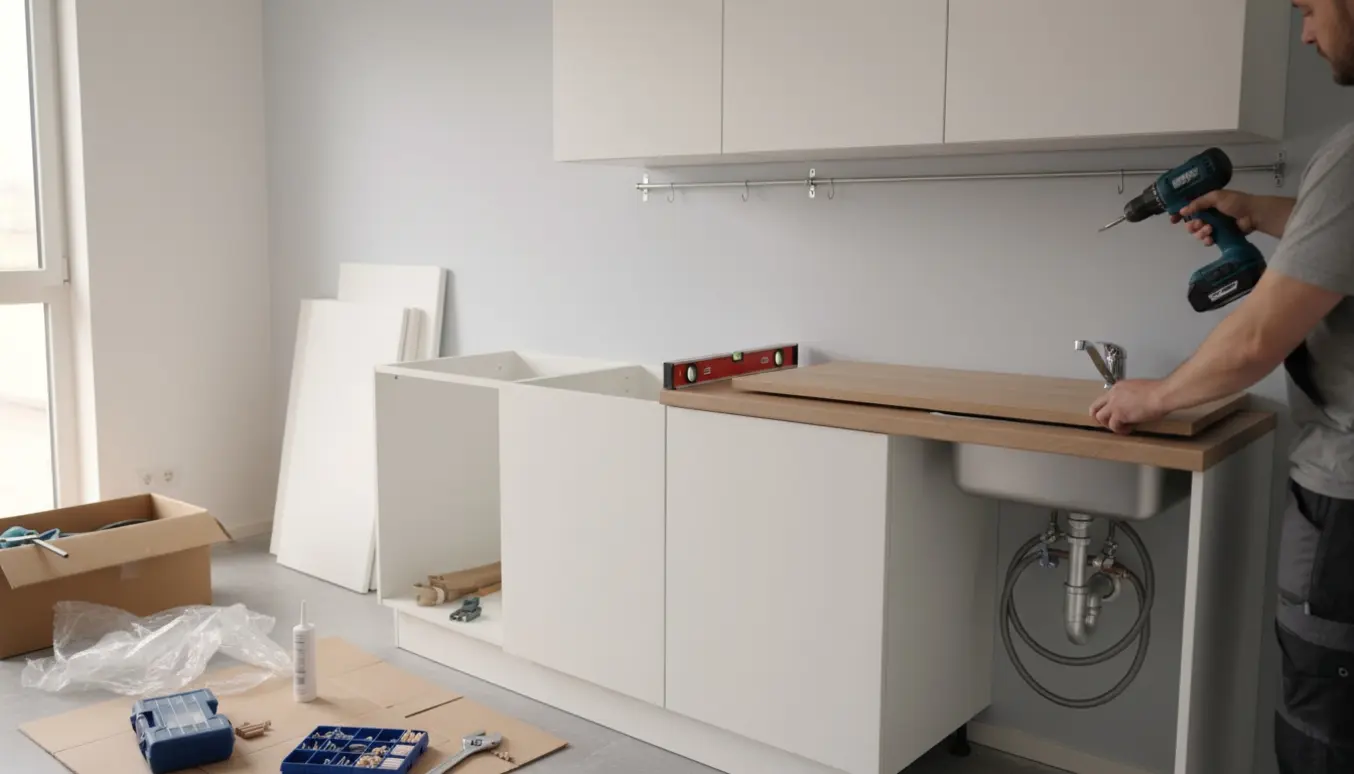 Montering af modulært køkken i en lille lejlighed med værktøj og tilsluttet VVS.