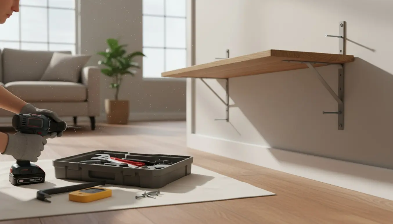 Hænder i handsker løsner en væghylde med boremaskine i et lyst stuehjørne.