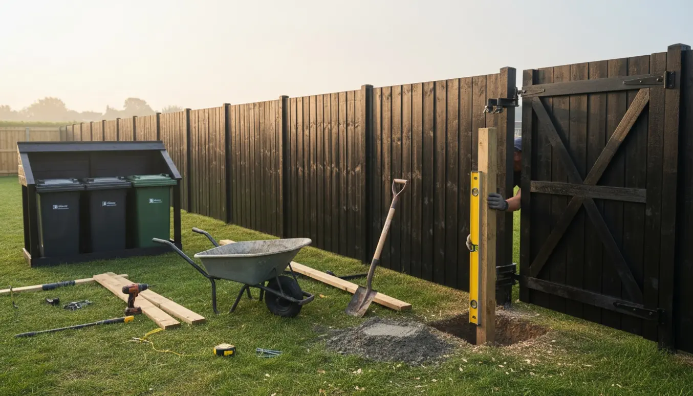 Sortmalet hegn under opsætning med gravede stolper, åben låge og skraldespandsstativ til fire skraldespande.