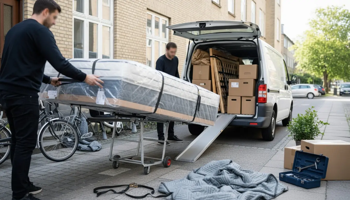 Pakket madras og sengebund læsses i varevogn ved en hastende flytning mellem Hvidovre og Amager.