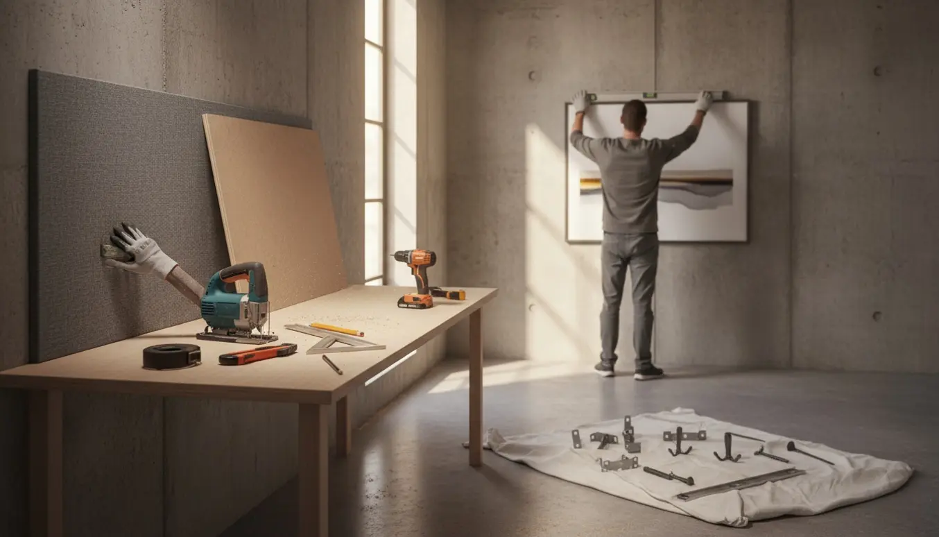 Akustikpanel tilskæres og monteres på betonvæg med nedtaget skrivebord, kroge og værktøj i forgrunden.