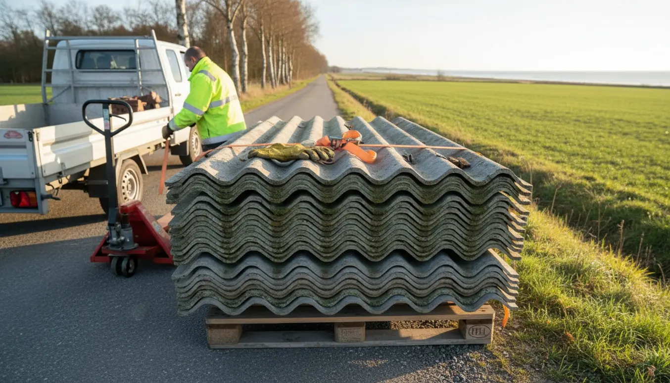 Stak tagplader på en palle ved skel til vej i Odsherred klar til afhentning.