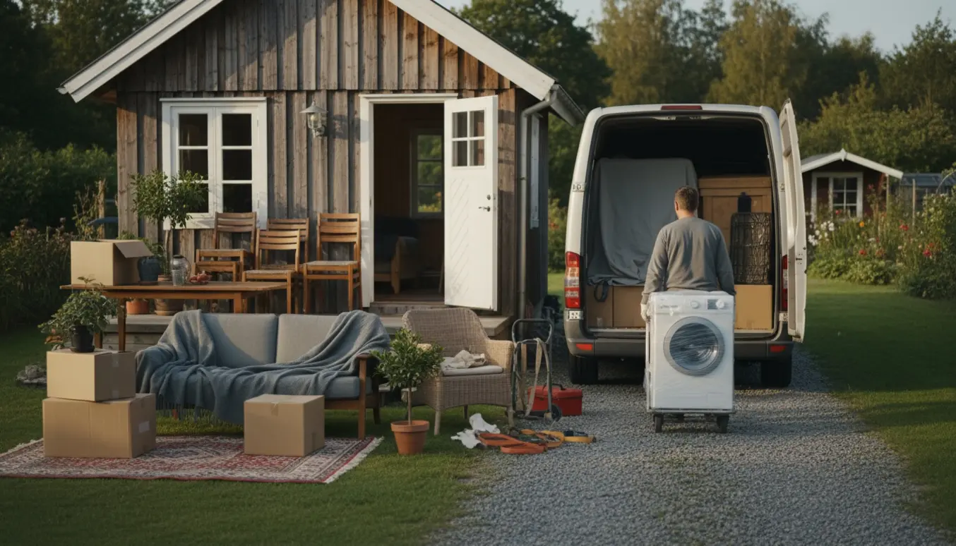 Lastning af møbler og en vaskemaskine fra et lille træ-kolonihavehus ved en åben varevogn i blødt dagslys.