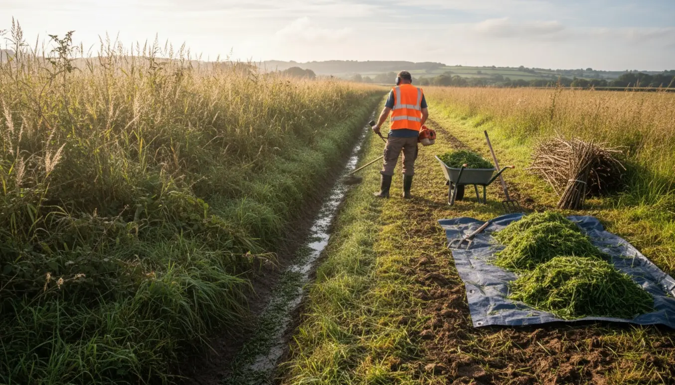 En delvist studset lang grøft med nyklippet vegetation, redskaber og en trillebør til affald.