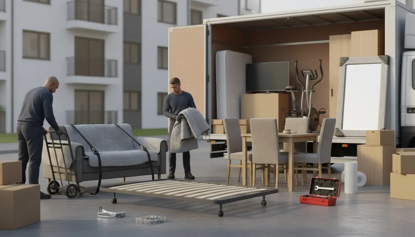 Flyttebil ved en lejlighed med omhyggeligt indpakkede møbler og værktøj klar til transport.