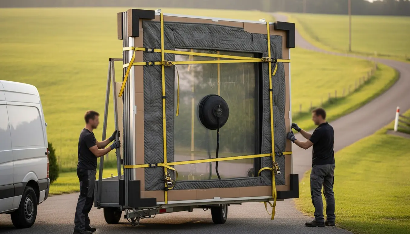 Stor terassedør pakket og sikret på en varebil og trailer klar til transport mellem byer.
