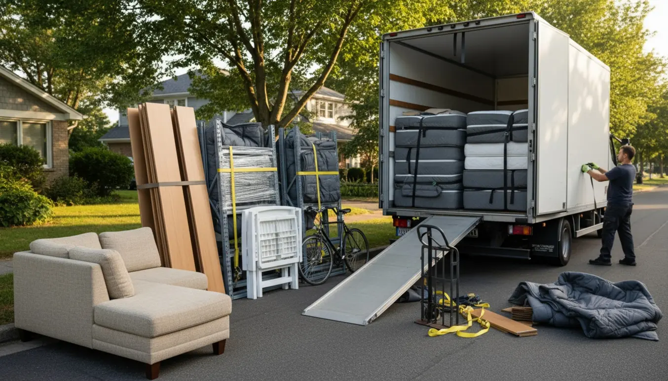 Flyttefolk læsser beskyttede møbler, reoler og en cykel ind i en flyttebil på en stille villavej.