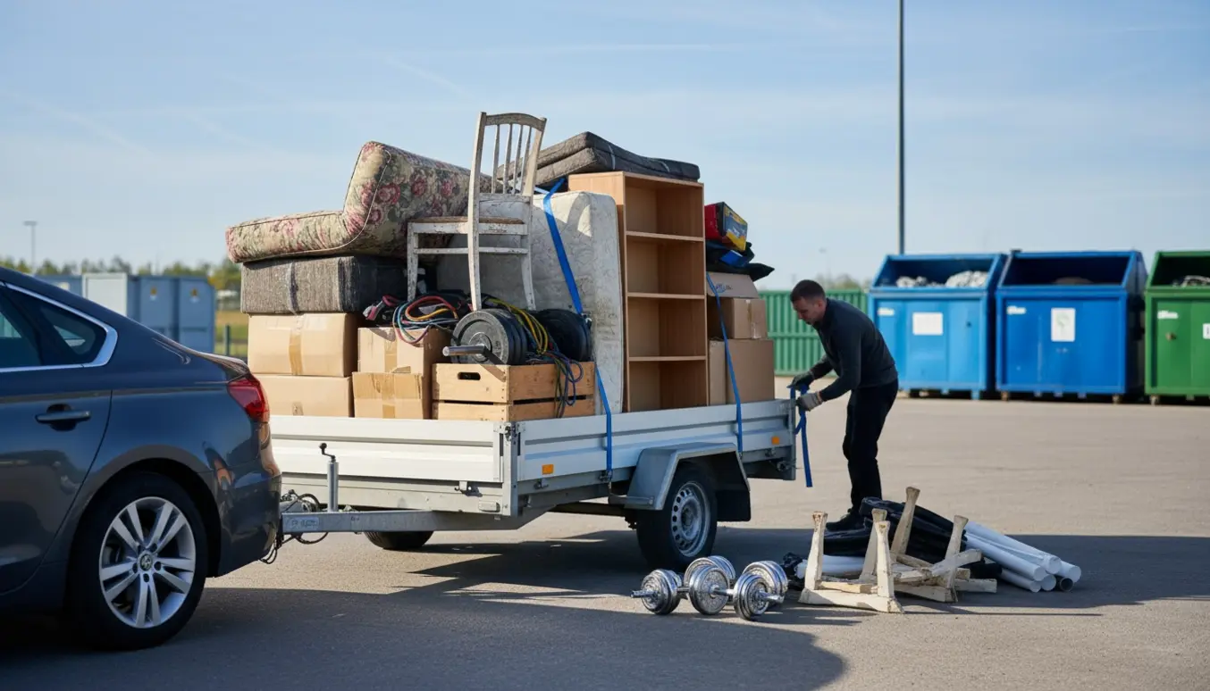 En bil med trailer læsset med møbler og træningsudstyr ved en genbrugsplads, klar til aflevering.