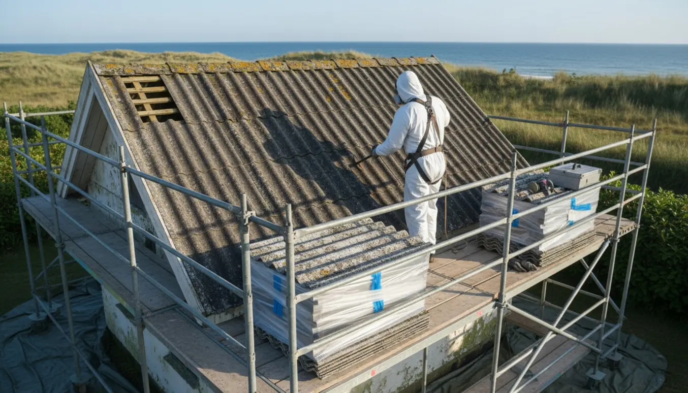 Faglærte i beskyttelsesdragter fjerner eternit bølgeplader fra et sommerhus med stillads og indsamlet materiale i plastik.