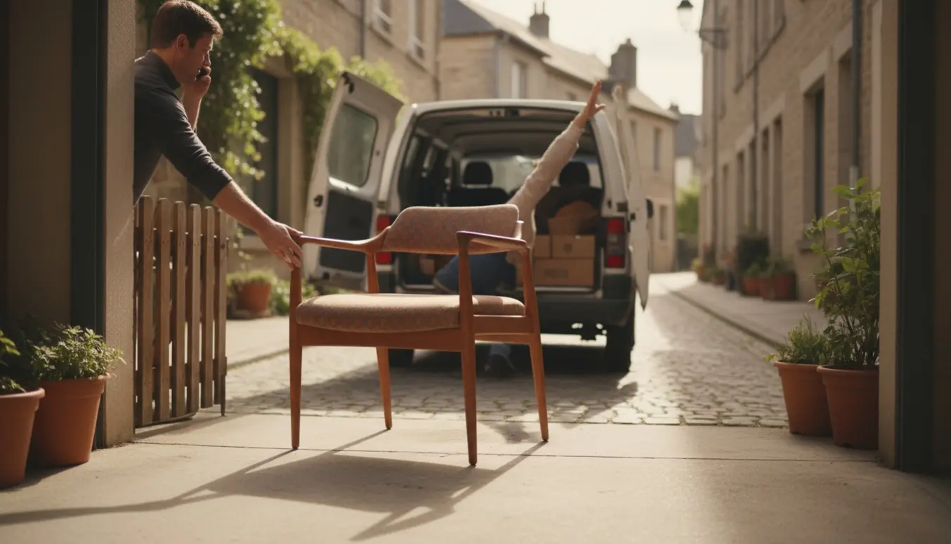 En upakket spisebordstol med armlæn løftes fra en carport og læsses ind i en varebil, uden synlige ansigter.