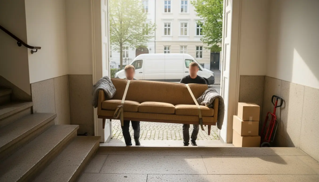 To personer bærer en sofa gennem en lys københavnsk opgang med flyttetæpper og en flyttebil uden logo.