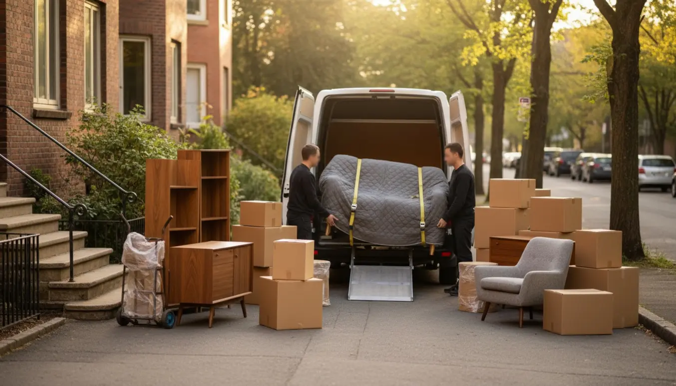 Flyttefolk læsser en indpakket chaiselong og møbler ind i en åben flyttevogn på en stille bygade.