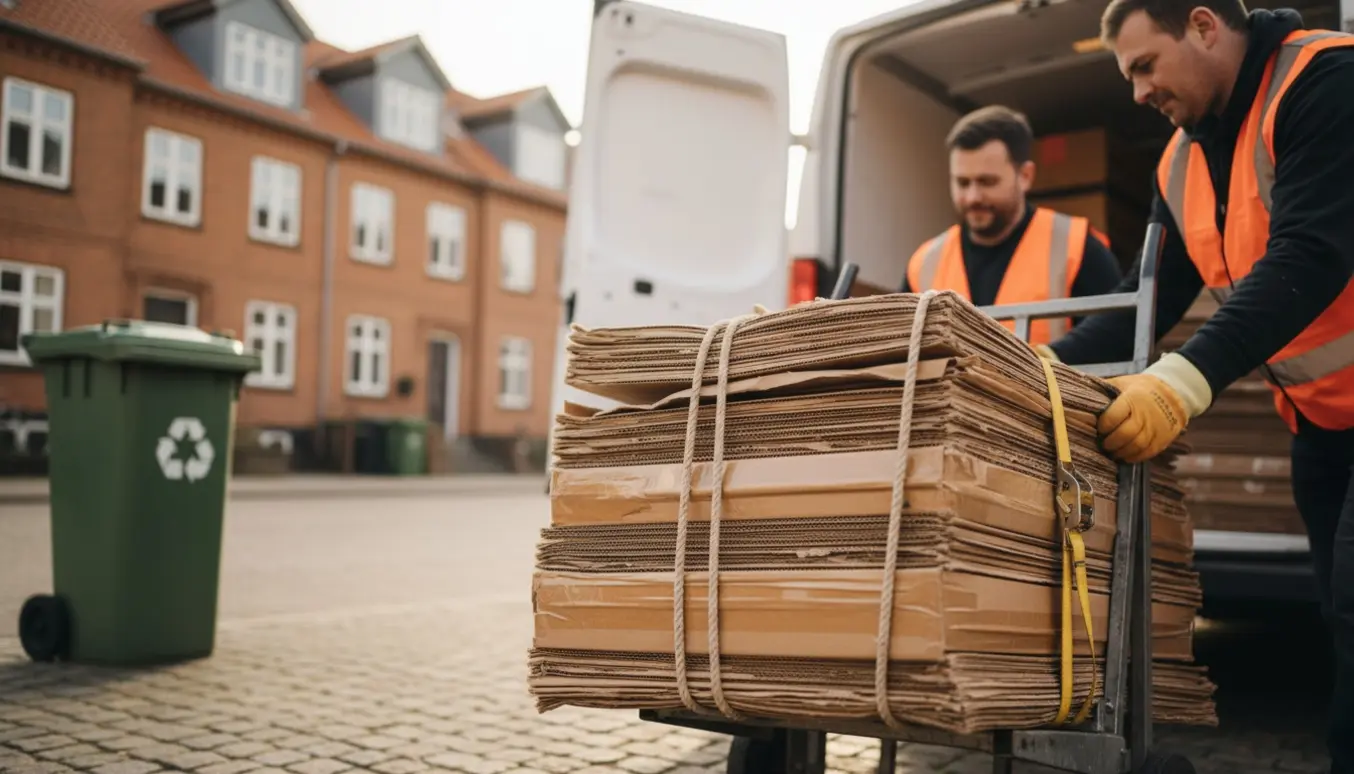 Fladt pap bliver læsset på en ubranded varevogn ved fortovet i Nørresundby.