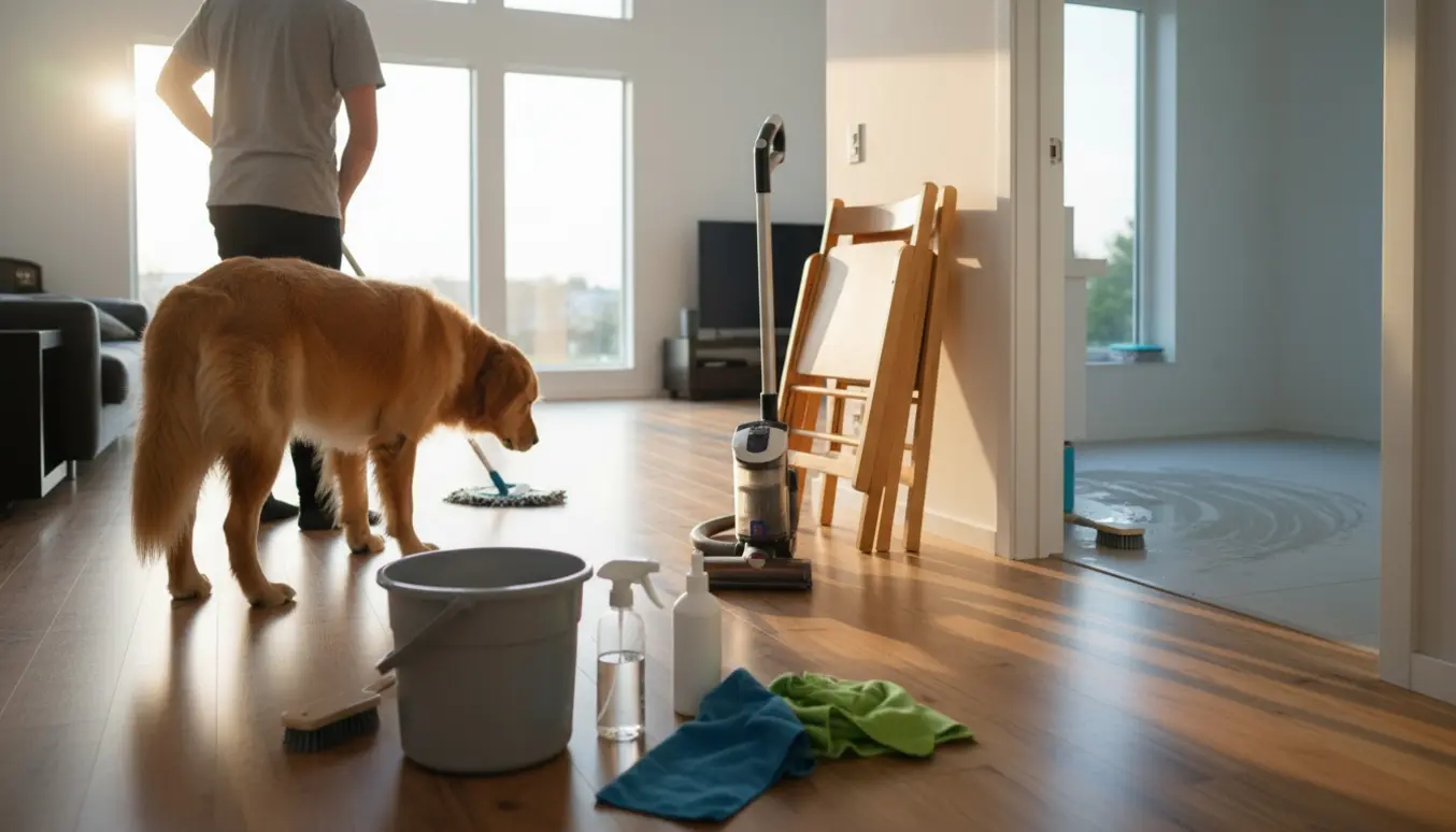 Rengøringsperson mopper trægulv i lyst hjem, mens en nysgerrig hund snuser til rengøringsudstyret.