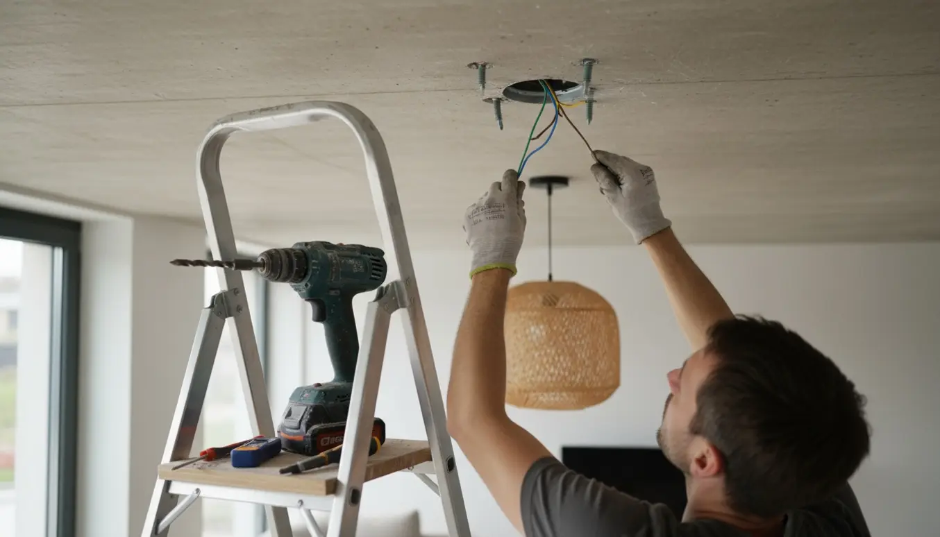 En faguddannet elektriker på en stige monterer en loftlampe i betonloft med boremaskine og værktøj.