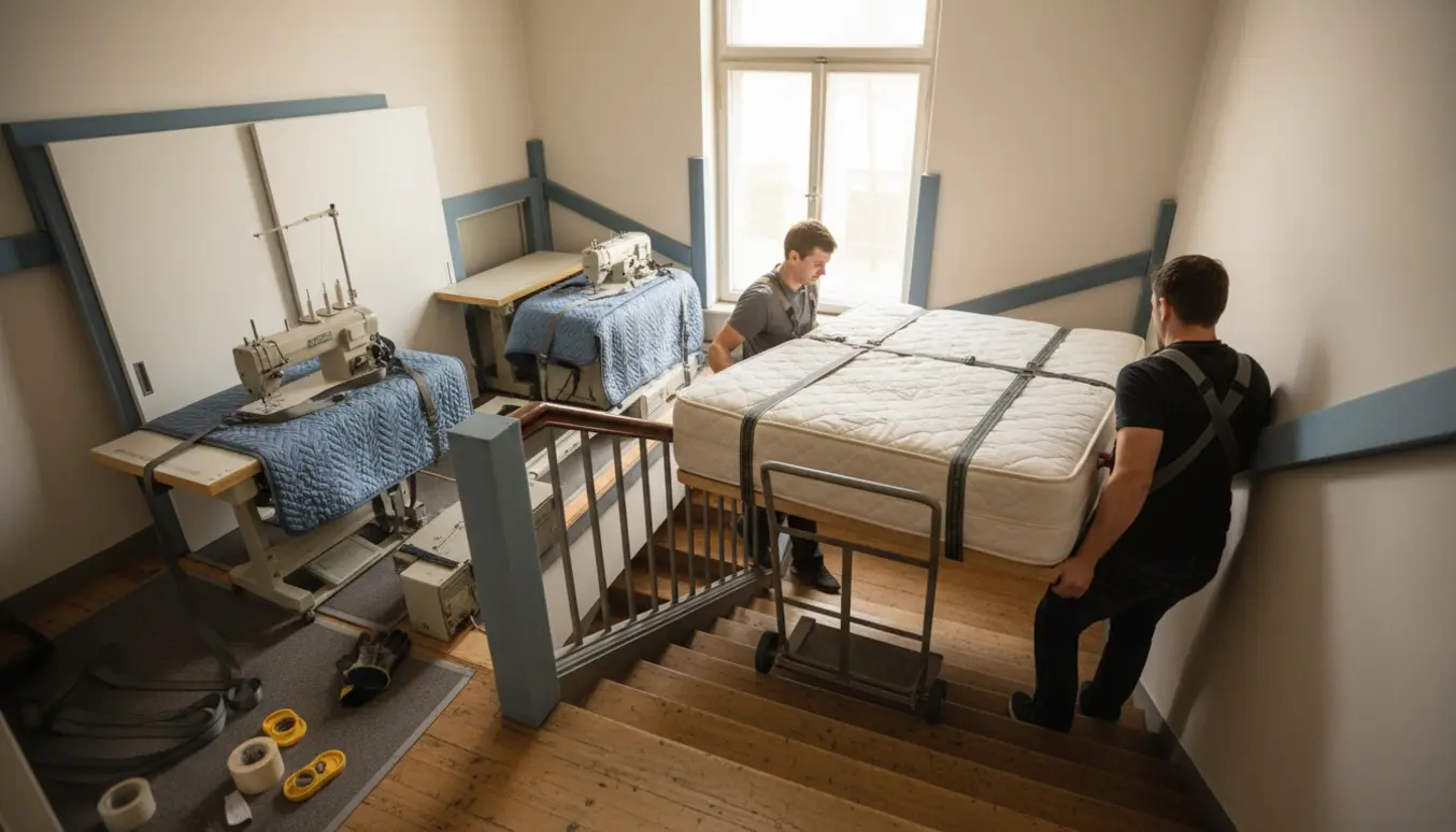 To flyttemænd bærer tunge maskiner og møbler ned ad en indvendig trappe med vægbeskyttelse og flyttetæpper.