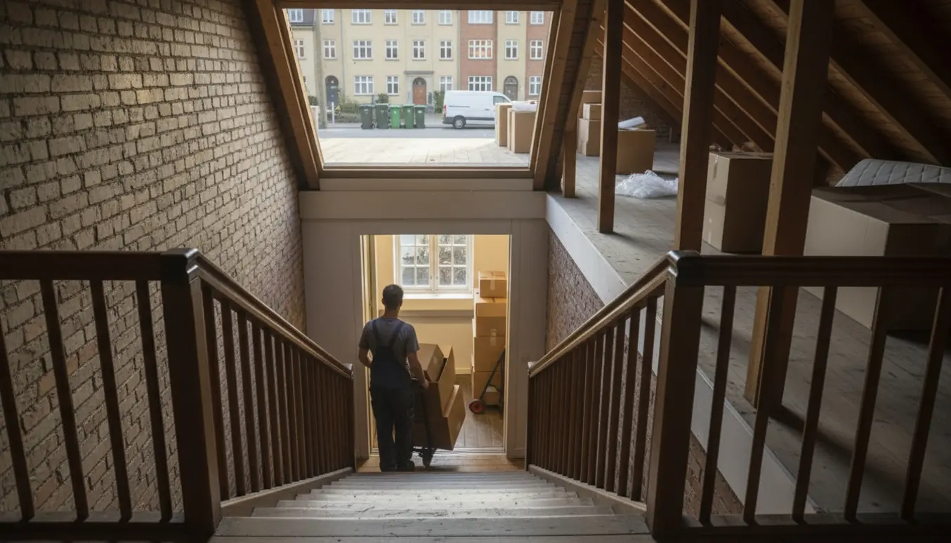 Loftrum ryddes med stabler af kasser og en håndtruck i opgangen, med elevator og genbrugscontainere synlige i baggrunden.