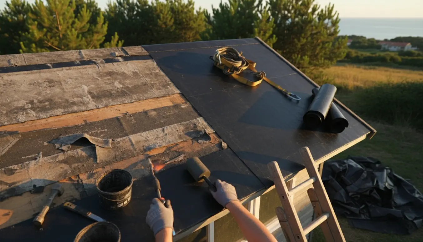 Hænder i handsker renoverer et tagpaptag på et lille sommerhus med ruller af nyt tagpap og værktøj ved siden af.