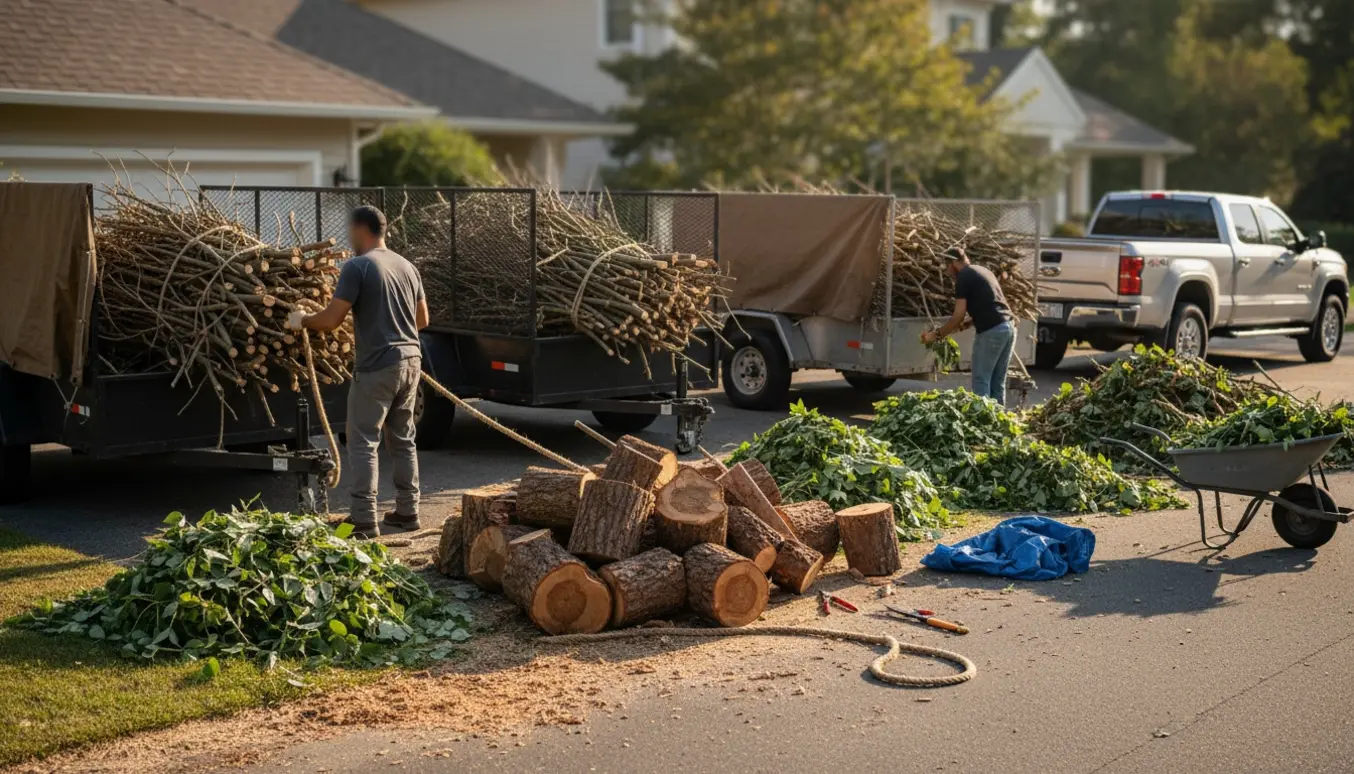Store bunker af grene og træstammer ved indkørsel med trailere klar til afhentning.