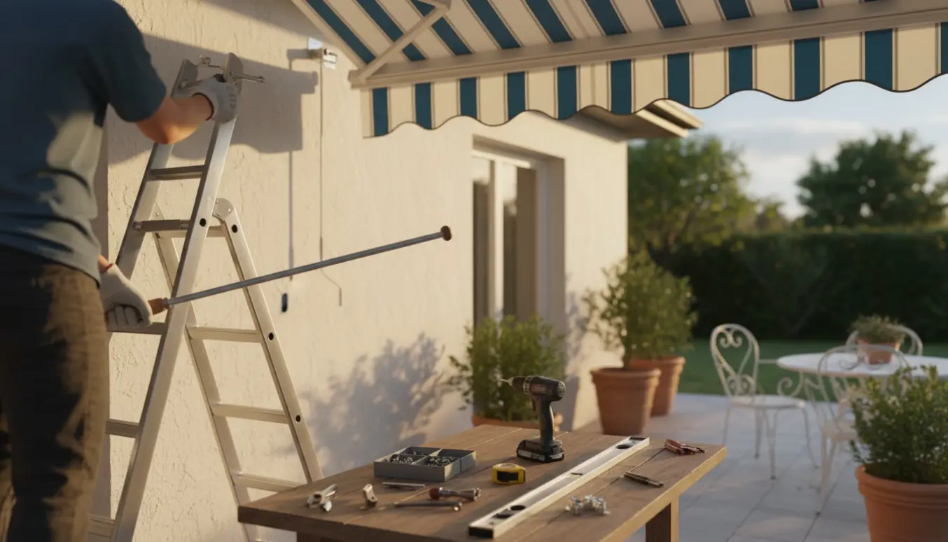 Håndværker på stige monterer manuel markise over terrasse med værktøj og delvist udfoldet stof.