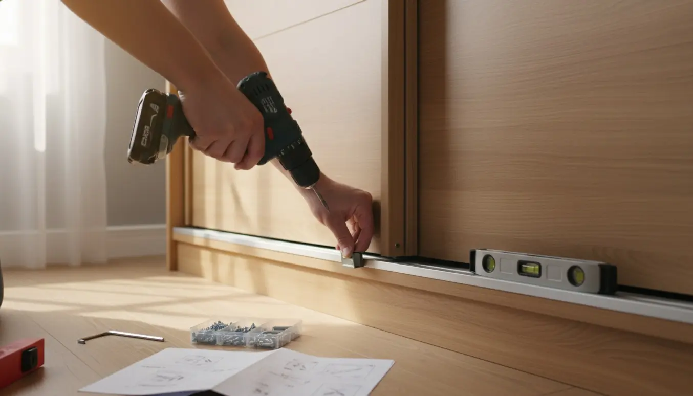 Hænder monterer to skydelåger på et klædeskab med værktøj og skinner i et lyst værelse.