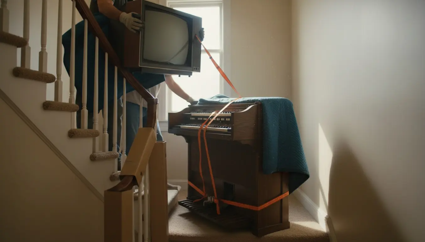 To personer bærer et gammelt sort-hvidt fjernsyn og et træorgel ned ad en trappe i et hus, klar til bortskaffelse.