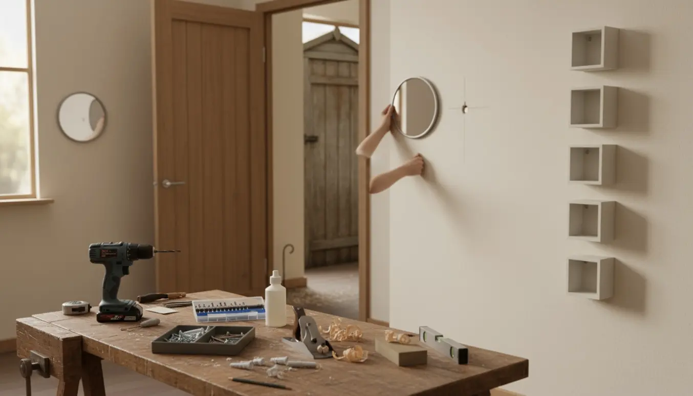 Hænder og værktøj ved ophængning af små spejle og hylder i en lys entré, med høvlet badeværelsesdør i baggrunden.