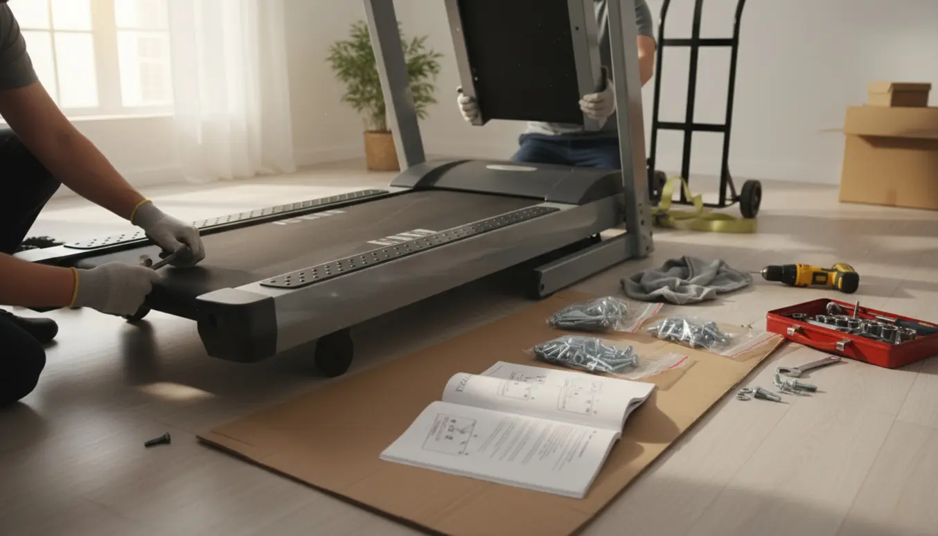Delvist samlet løbebånd i et lyst rum med åben manual og værktøj.
