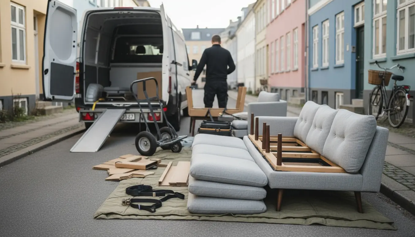 Demonteret 3-personers sofa ved åben varevogn på en københavnsk brostensgade, klar til transport.