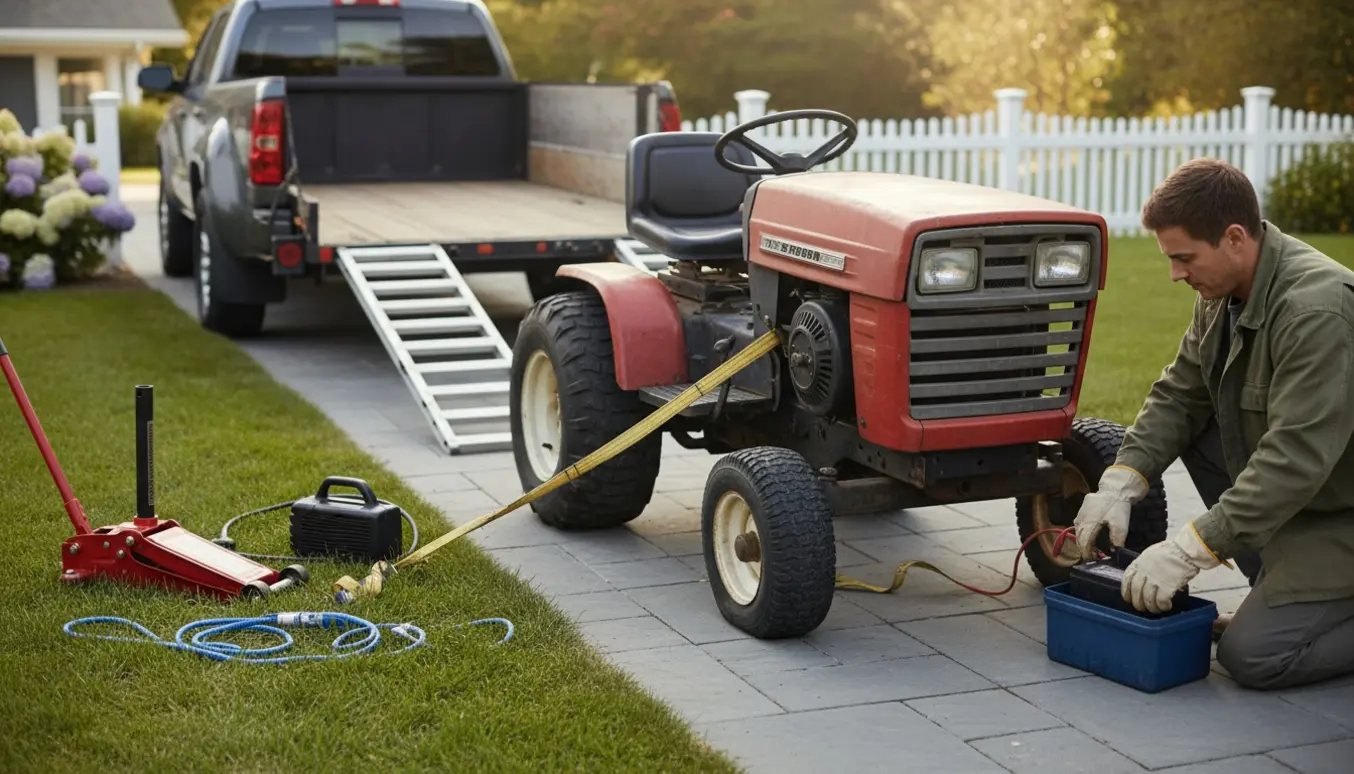 Havetraktor med fladt dæk ved trailer, mens hænder fastgør strop og fjerner batteri.