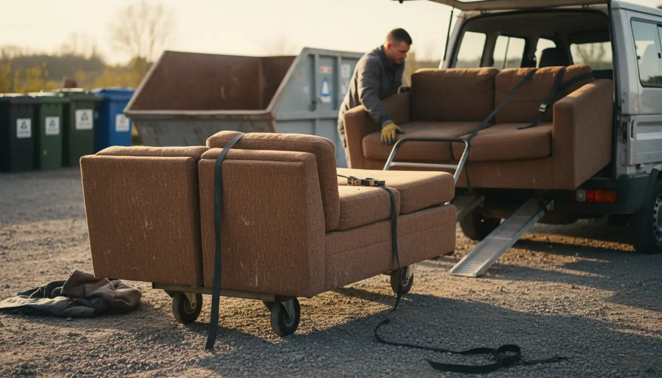 En tre-delt sofa bliver læsset på en varebil ved en modtageplads, kun hænder og overkroppe synlige.