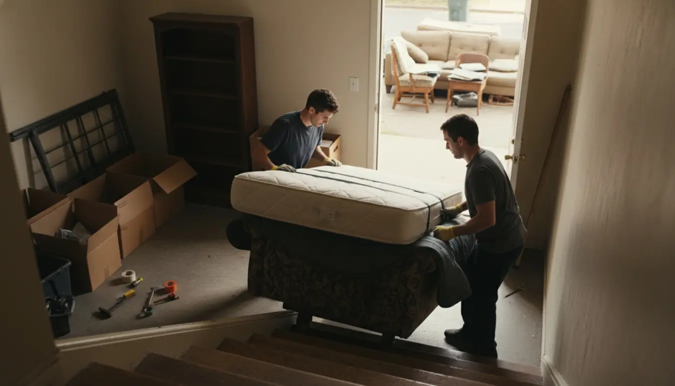 To personer bærer sofa og seng ned ad en trappe fra en lejlighed, mens et kælderrum med møbler og kasser tømmes.