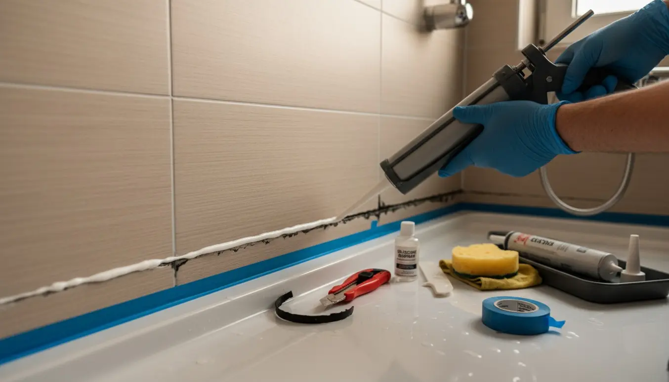 Handskerede hænder påfører frisk silikone i bunden af en flisebrusekabine med fjernet sort fuge.