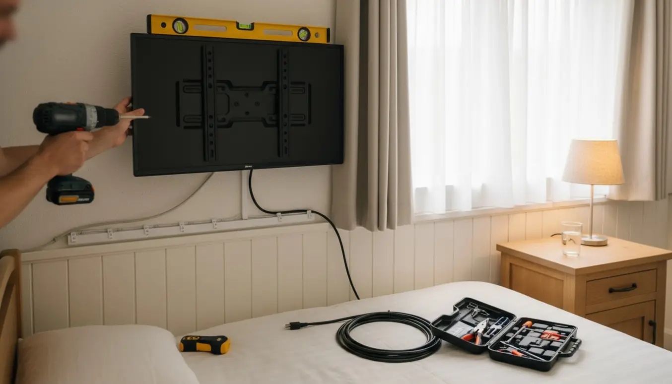 Håndværker monterer fladskærms-tv på væg i et plejehjemsværelse og fastgør kabler langs vægpanelerne.