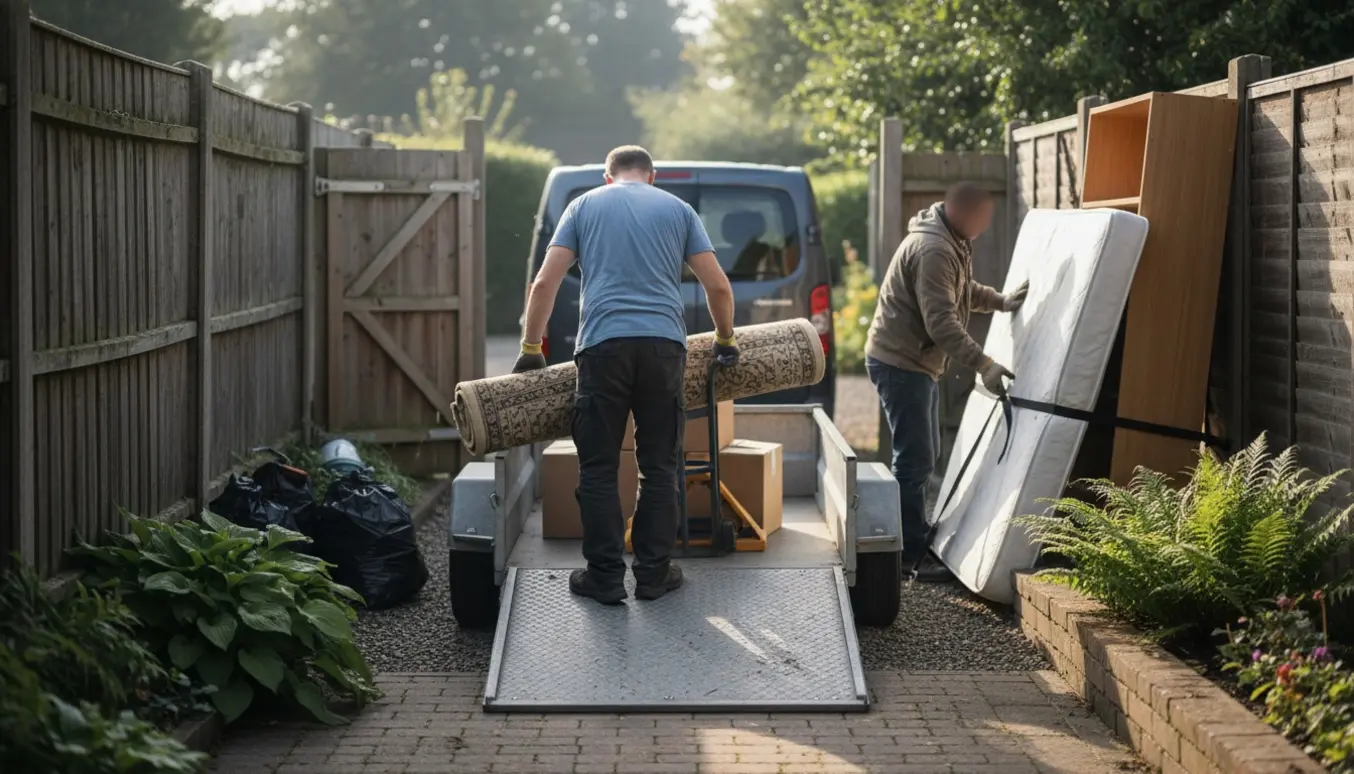 To personer læsser affald og møbler på en trailer gennem en bagsti.