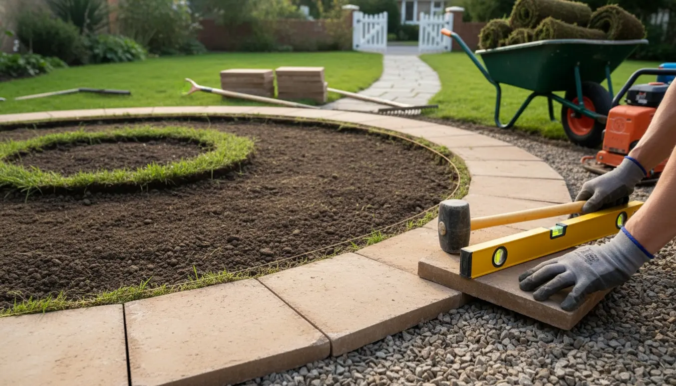 Nærbillede af fliser, grusbase og arbejdshænder, mens en rund 4 m bedkant får lagt fliser omkring sig.