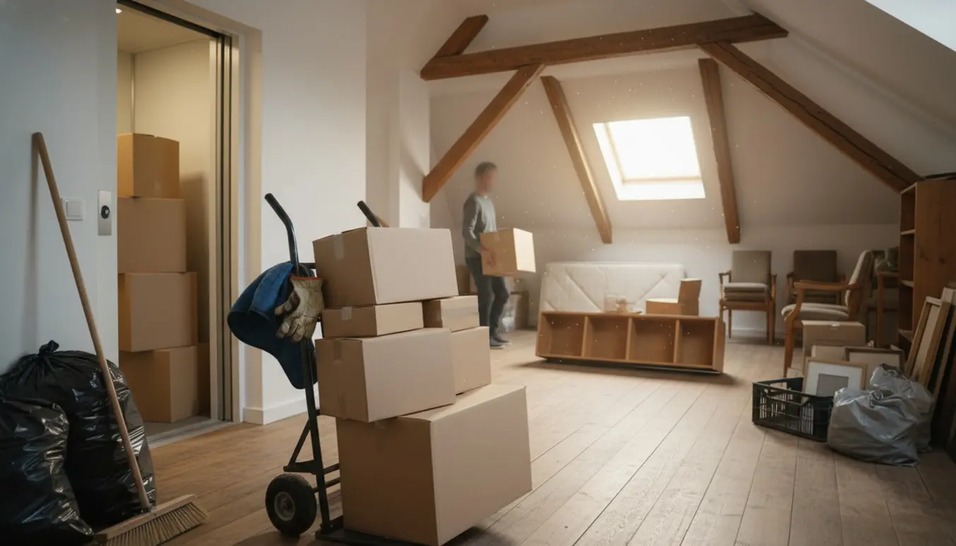 Rydning af et ca. 35 m² loftrum med flyttekasser, tralle og åben elevator ved trappeopgang.