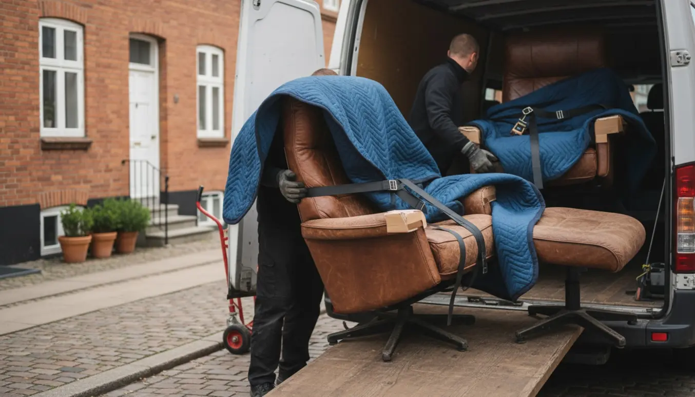 To flyttemænd læsser en læderlænestol og skammel i en flyttevogn på en rolig københavnsk gade.